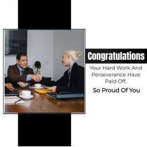 Two business professionals shaking hands across a desk with congratulatory text overlayed.