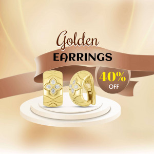 Golden earrings on display with a 40% off promotion