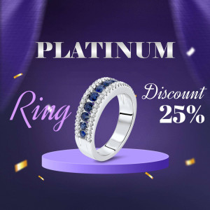 Close-up of a platinum ring with sapphire stones, advertising a 25% discount.