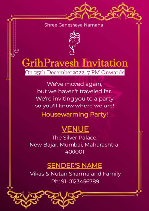 Elegant Grih Pravesh invitation card with gold detailing and a magenta background.