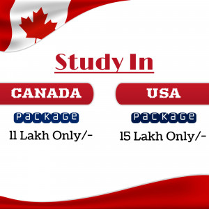 Image promoting study packages for Canada and USA with cost details.