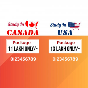 Image showcasing study packages for Canada and USA with pricing and contact information.