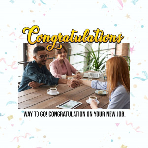 People celebrating a new job offer with a handshake and coffee.