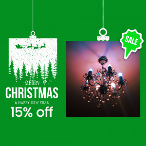Christmas themed image featuring a chandelier with a sale promotion.