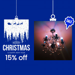 Christmas and New Year promotional image featuring a chandelier and a festive scene.