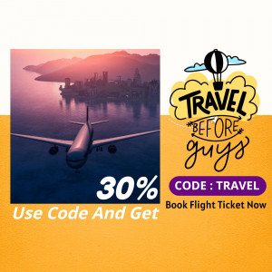 Image of an airplane flying over a city with a travel promotion.