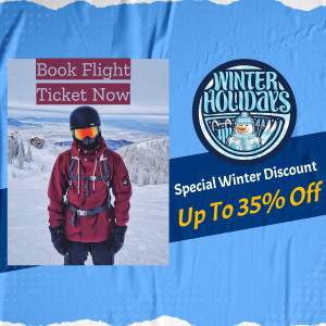 A promotional image featuring a skier with text advertising winter holiday discounts and flight bookings.