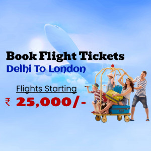 Advertisement for flight tickets from Delhi to London with a family and luggage.