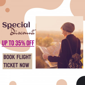 Woman looking at a map with a special discount offer for flights