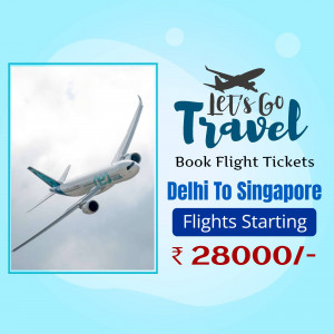 Airplane flying with text promoting flight tickets from Delhi to Singapore