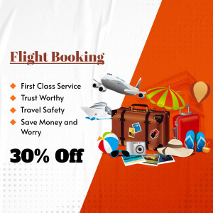 Flight booking advertisement with travel imagery and a 30% discount offer.