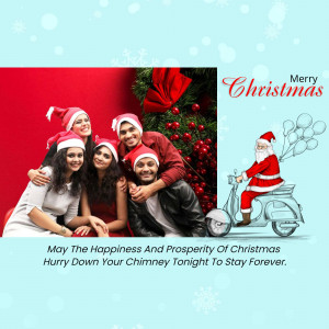 Group of friends in Santa hats with a Christmas illustration