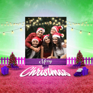 Group of friends wearing Santa hats posing for a Christmas photo