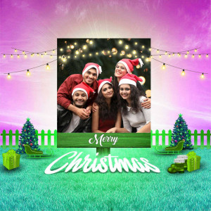Group of friends in Santa hats posing in a Christmas themed photo booth