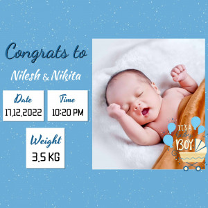 Baby announcement for Nilesh and Nikita, celebrating the birth of their son.