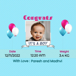 Baby boy announcement with photo, date, time and weight.