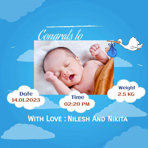 Baby announcement with photo, date, time and weight