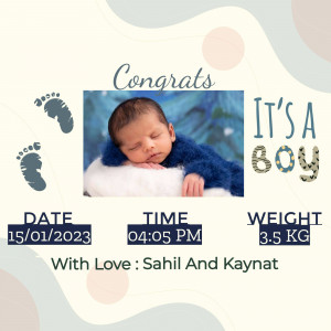 Baby boy announcement with photo, footprints, and birth details