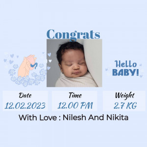 Baby announcement card with a photo of a newborn baby and details.