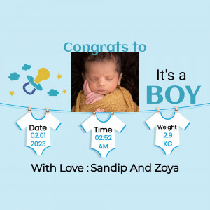Baby boy announcement with photo, date, time, and weight.