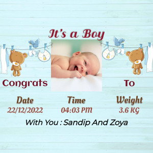 Baby boy announcement with photo, teddy bears, and baby clothesline