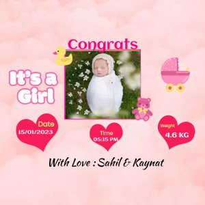Baby girl announcement with photo, date, time, and weight details.