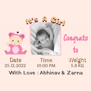 Baby girl announcement with photo, date, time, and weight.