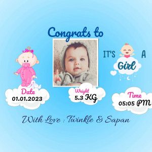 Baby girl announcement with photo, date, weight, and time of birth.