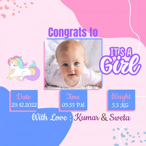 Baby girl announcement with photo, unicorn, and birth details