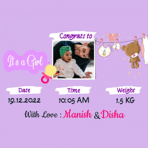 Baby girl announcement with parents and cute illustrations