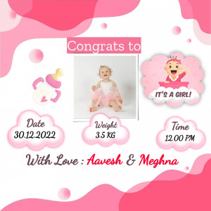 Baby girl birth announcement with photo, date, weight, and time.