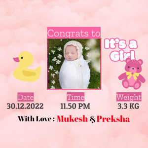 Baby girl announcement with photo, duck, bear, and birth details