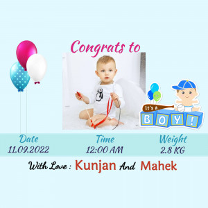 Newborn baby boy announcement with balloons and details