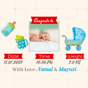 Baby announcement with photo, bottle, pacifier, and stroller