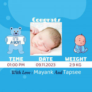 Baby announcement card with a newborn baby photo and blue theme