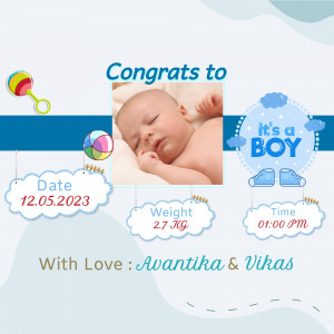 Newborn baby boy announcement with date, weight, and time of birth.