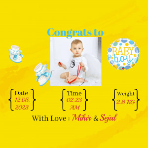 Baby boy birth announcement with photo, date, time and weight.