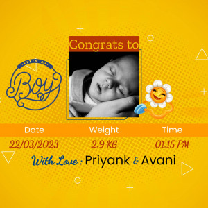 Birth announcement for a baby boy with photo, name, date, weight and time.