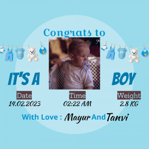Baby boy announcement with photo, date, time and weight details.