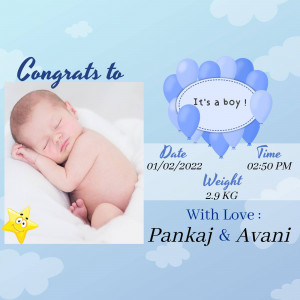 Baby boy announcement with photo, balloons, and birth details