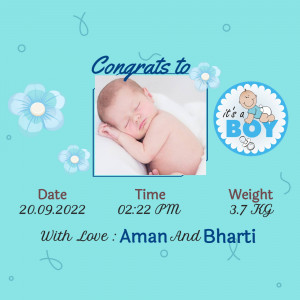 Baby boy announcement with photo, date, time, and weight.