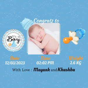 Baby boy announcement with photo, date, time and weight.