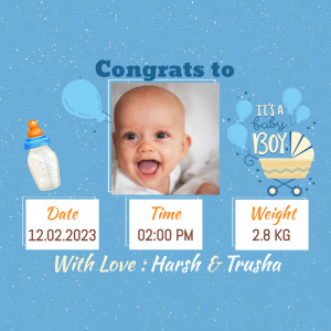 Baby boy announcement with photo, date, time, and weight details.