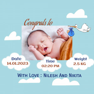 Baby announcement with photo, date, time, and weight