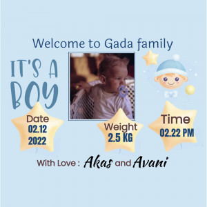 It's a Boy! Baby announcement with photo, date, weight and time.
