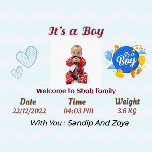 Baby boy announcement with photo, name, date, time and weight