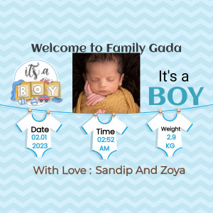 Newborn baby boy announcement with photo, date, time, and weight.