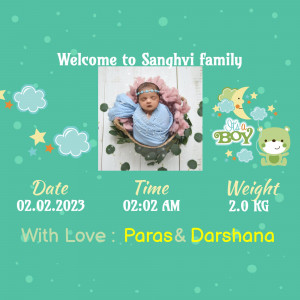 Newborn baby boy announcement with parents' names and birth details.