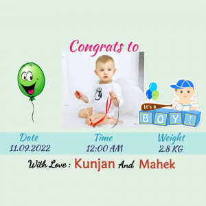 Congratulatory announcement for the birth of a baby boy with details like date, time, and weight.