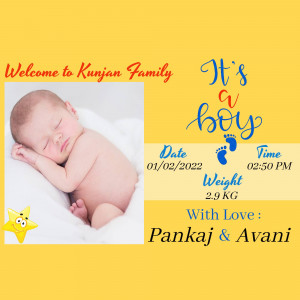 Newborn baby boy announcement with photo, date, time and weight.